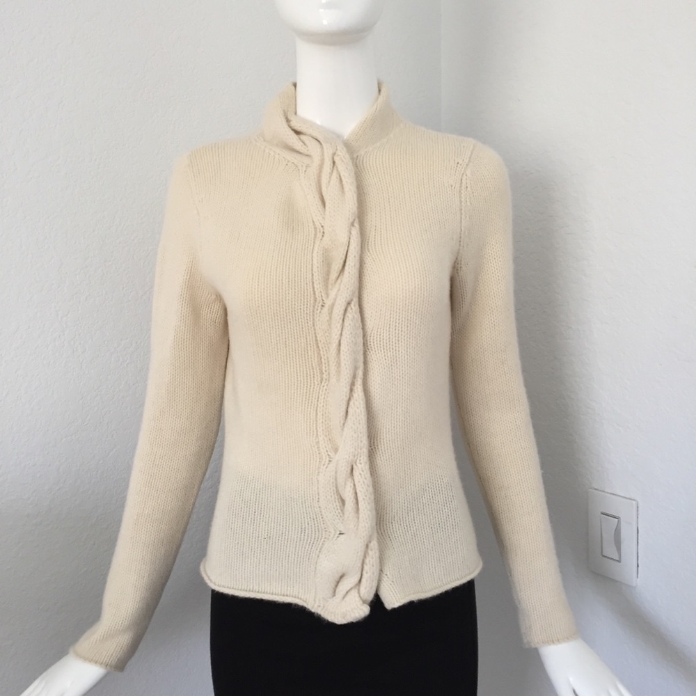 Magaschoni ivory cable knit trim cashmere Sweater